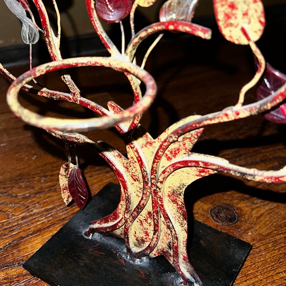 Tree of Life India Art Rustic Red Gold Translucent Leaf Vintage Candle Holder - Picture 4 of 11